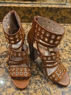 Michael Kors Brown Strappy High Heel Sandals with Gold Grommets